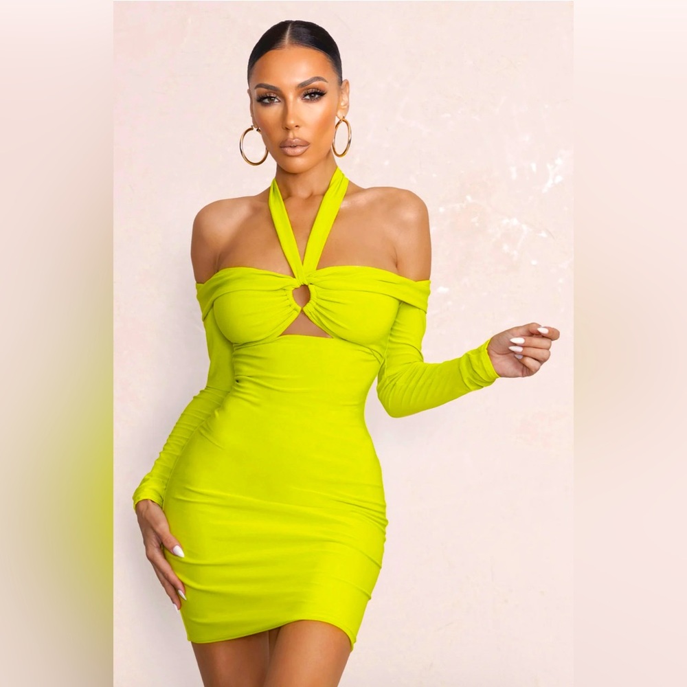 Club L London Lime Green Halter Neck Cut Out Mini Dress - Size UK14 US10